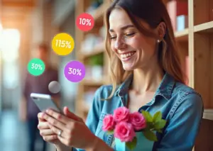 Счастливый покупатель использует кэшбэк-сервис на смартфоне с иконками российских рублей и популярных онлайн-магазинов
