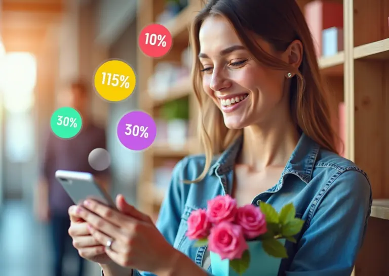 Счастливый покупатель использует кэшбэк-сервис на смартфоне с иконками российских рублей и популярных онлайн-магазинов