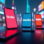 Фотография с экранами смартфонов с приложениями Tinder, Mamba и Badoo на фоне российского городского пейзажа, символизирующая онлайн-знакомства в России в 2025 году