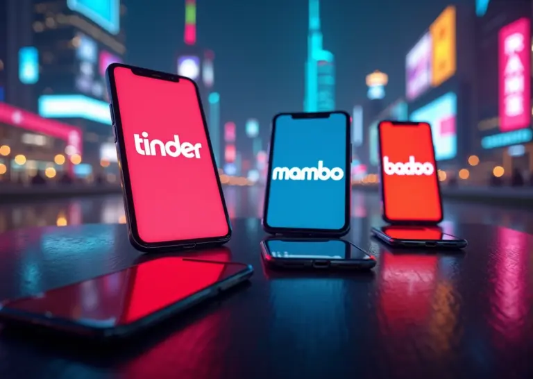 Фотография с экранами смартфонов с приложениями Tinder, Mamba и Badoo на фоне российского городского пейзажа, символизирующая онлайн-знакомства в России в 2025 году