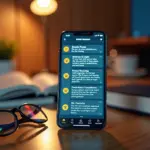Смартфон с приложением для тренировки скорочтения на фоне книг и очков