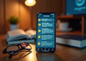 Смартфон с приложением для тренировки скорочтения на фоне книг и очков