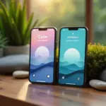 Сравнение приложений Calm и Headspace для медитации и сна с изображением смартфонов и спокойной природной атмосферы