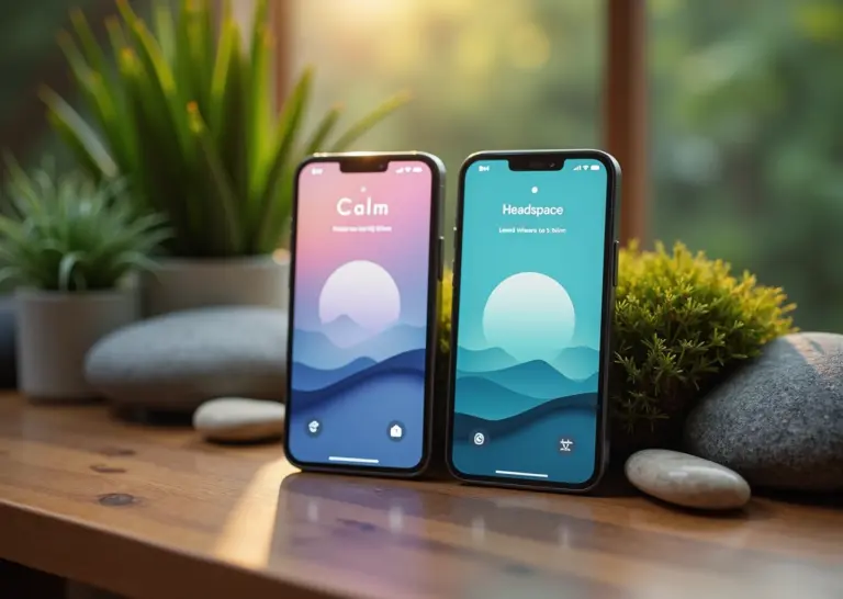 Сравнение приложений Calm и Headspace для медитации и сна с изображением смартфонов и спокойной природной атмосферы