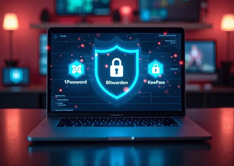 Современная цифровая защита с логотипами 1Password Bitwarden KeePass на экране ноутбука и иконками безопасности