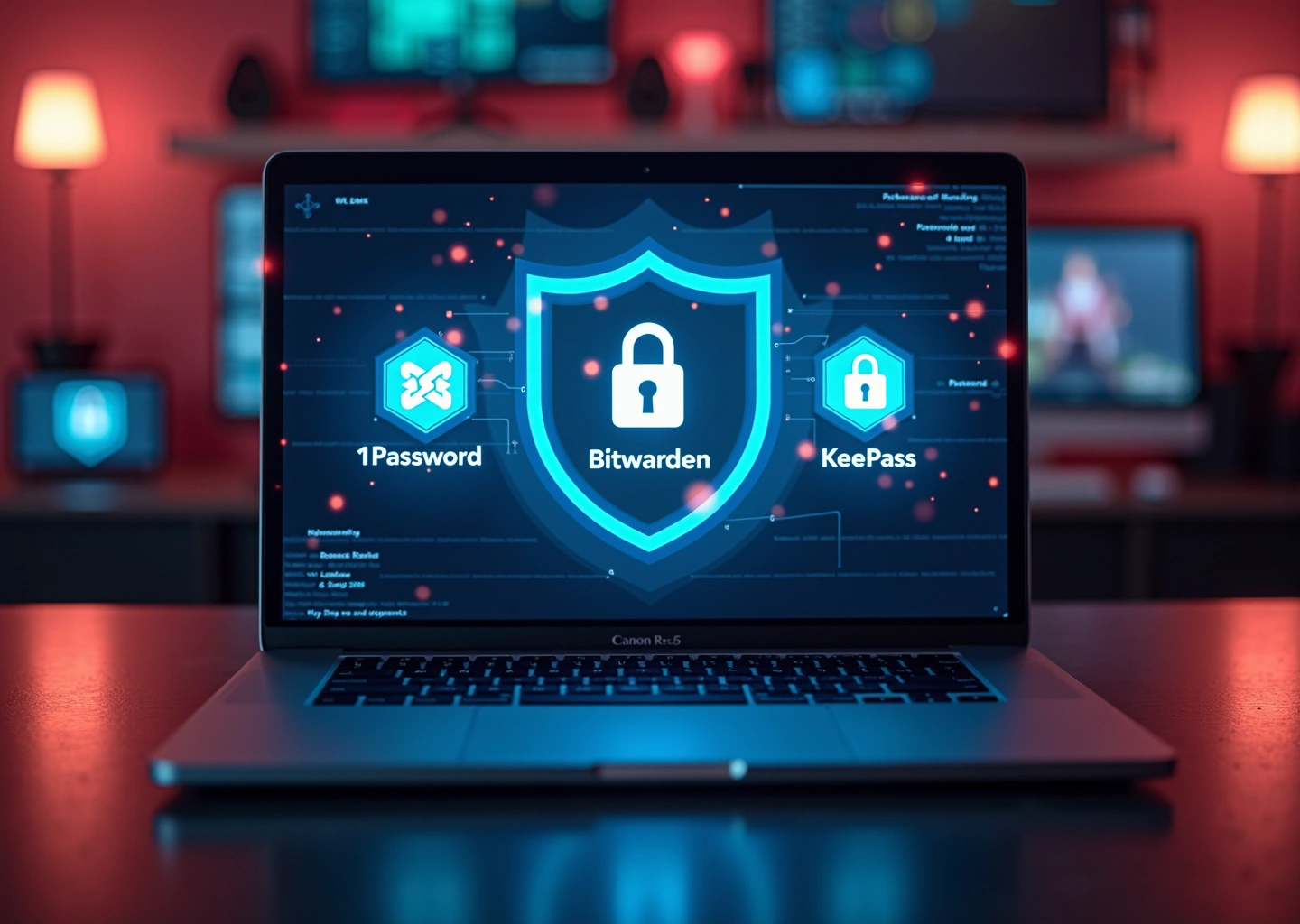 Современная цифровая защита с логотипами 1Password Bitwarden KeePass на экране ноутбука и иконками безопасности