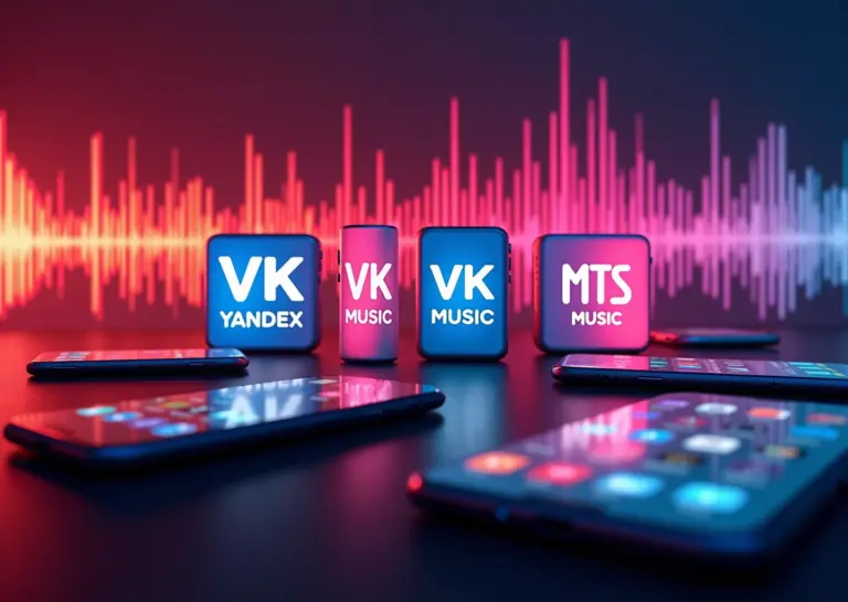 Коллаж логотипов Яндекс Музыка, VK Музыка и МТС Music с изображением аудиоволн и мобильных устройств
