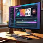 Рабочее место с компьютером, на экране которого интерфейс Canva с постами, презентациями и видеоредактором