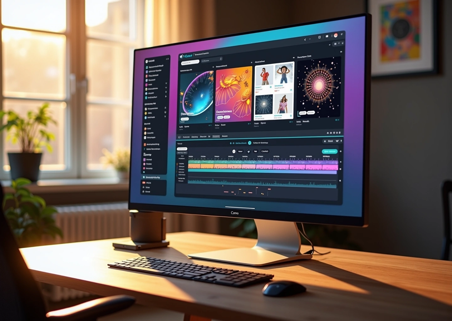 Рабочее место с компьютером, на экране которого интерфейс Canva с постами, презентациями и видеоредактором
