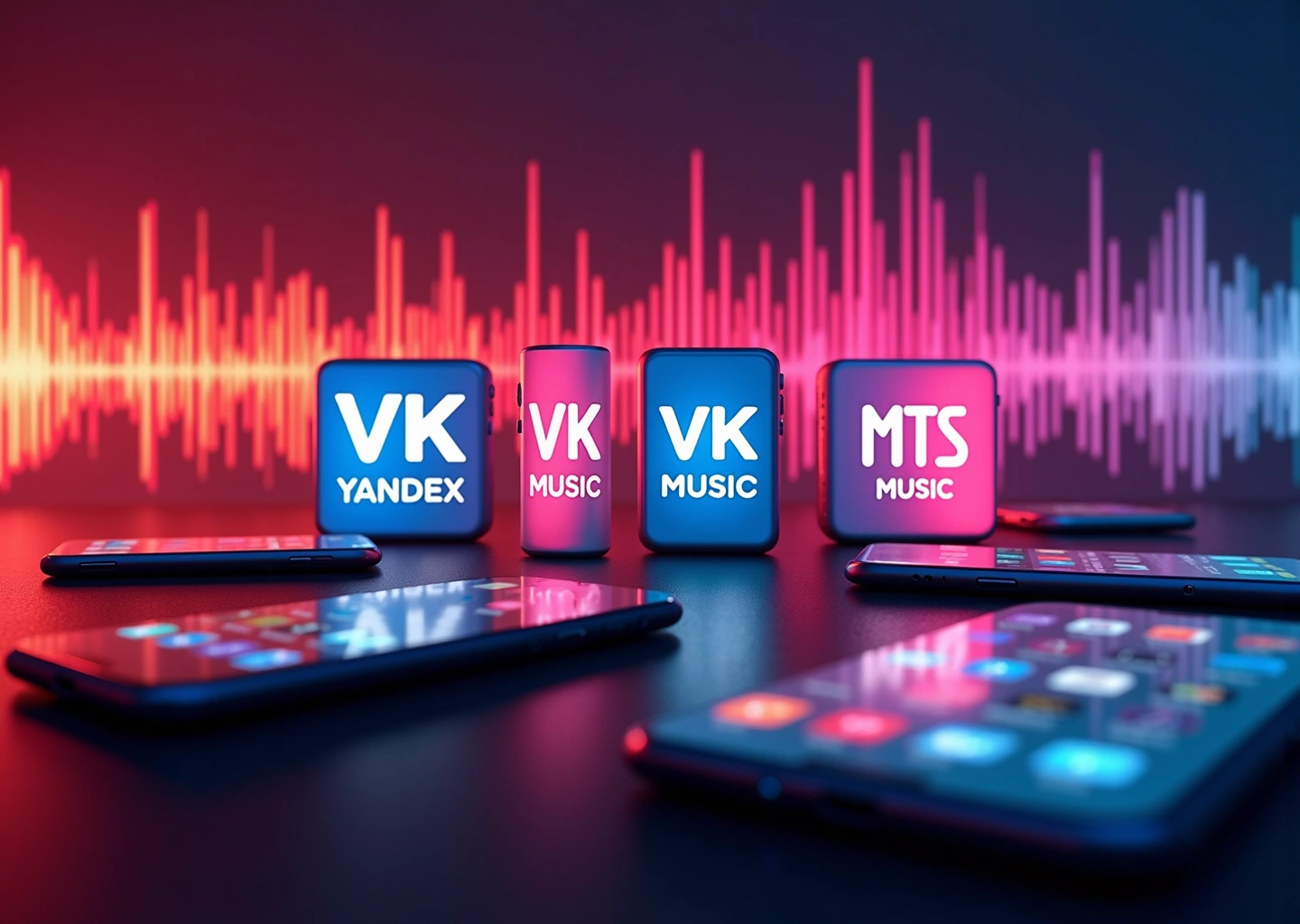 Коллаж логотипов Яндекс Музыка, VK Музыка и МТС Music с изображением аудиоволн и мобильных устройств