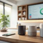 Три модели Яндекс.Станция в современной комнате на фоне смартфона с интерфейсом Алисы, демонстрирующие масштаб и интеграцию в умный дом