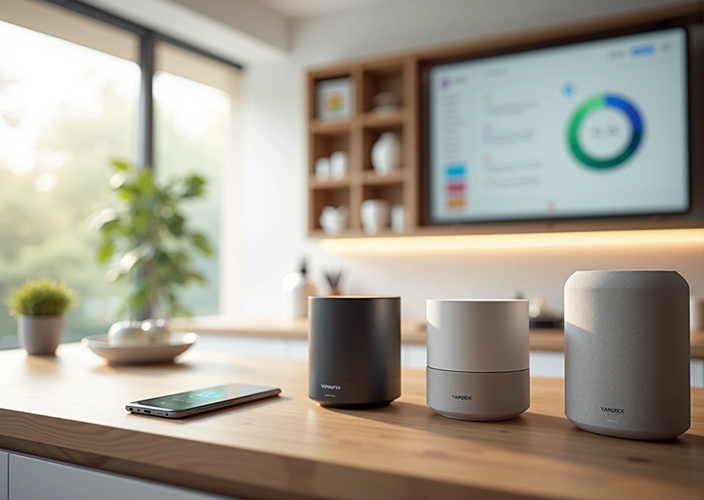 Три модели Яндекс.Станция в современной комнате на фоне смартфона с интерфейсом Алисы, демонстрирующие масштаб и интеграцию в умный дом