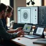 Три экрана с интерфейсами Figma, Sketch и Adobe XD в современной дизайн‑студии; дизайнеры обсуждают макет