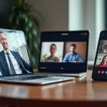 Фотография трёх ноутбуков и смартфонов на столе с открытыми окнами видеоконференций Яндекс.Телемост Сферум и Jazz, участники в миниатюрах, нейтральный офисный фон, естественное освещение