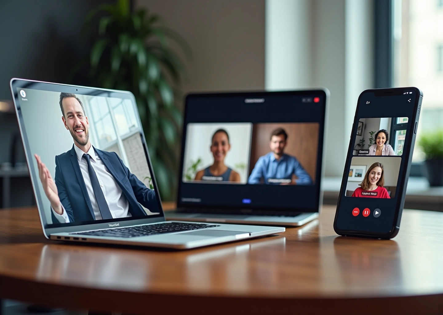 Фотография трёх ноутбуков и смартфонов на столе с открытыми окнами видеоконференций Яндекс.Телемост Сферум и Jazz, участники в миниатюрах, нейтральный офисный фон, естественное освещение