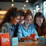 Группа людей смотрит на смартфон с приложением совместной покупки, вокруг коробки с товарами и ценники со скидками в рублях