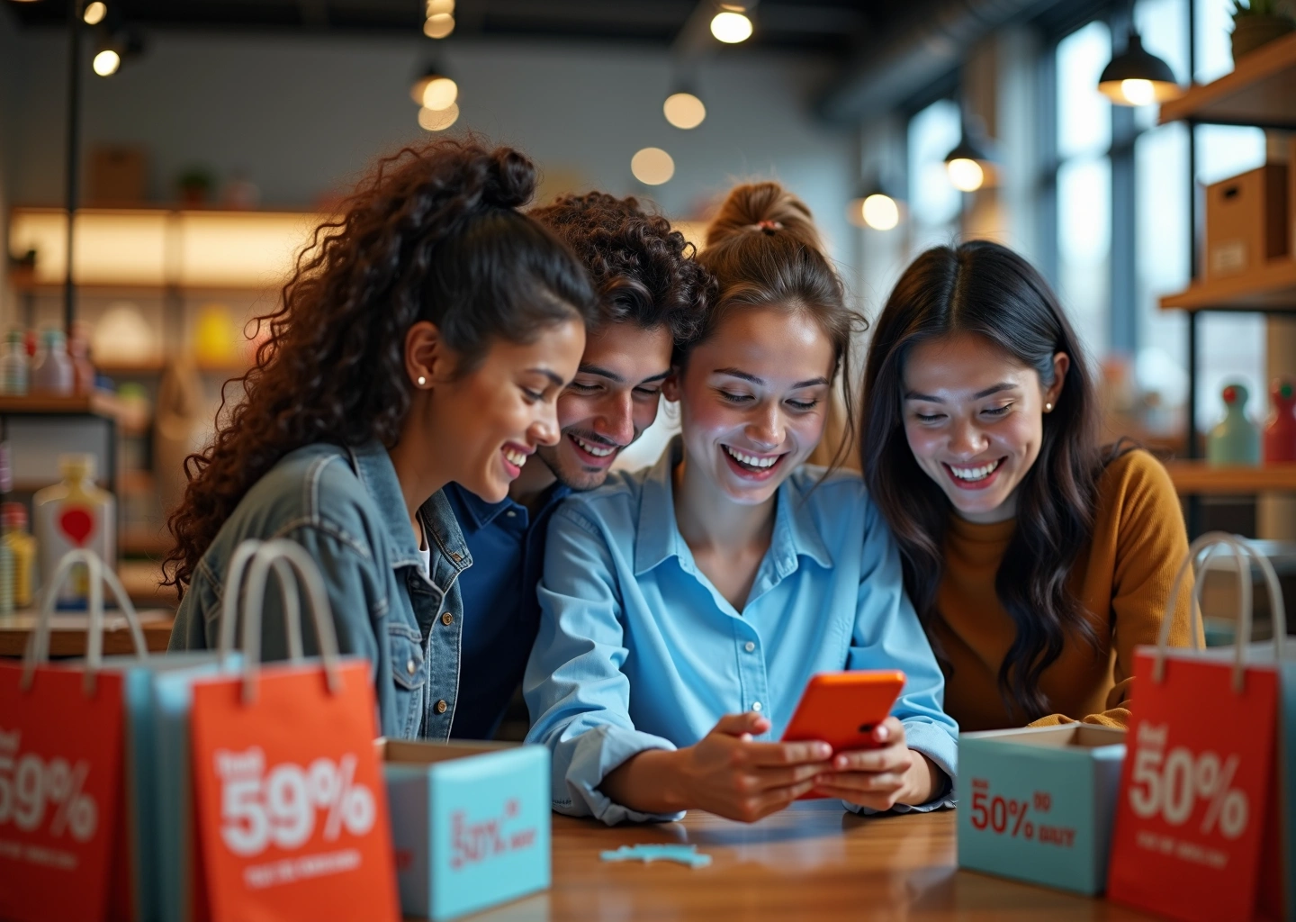 Группа людей смотрит на смартфон с приложением совместной покупки, вокруг коробки с товарами и ценники со скидками в рублях