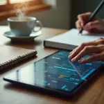 Планшет и смартфон с интерфейсами упражнений для тренировки мозга на рабочем столе, рядом блокнот и чашка кофе