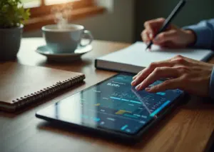Планшет и смартфон с интерфейсами упражнений для тренировки мозга на рабочем столе, рядом блокнот и чашка кофе