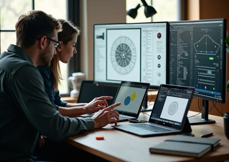 Три экрана с интерфейсами Figma, Sketch и Adobe XD в современной дизайн‑студии; дизайнеры обсуждают макет
